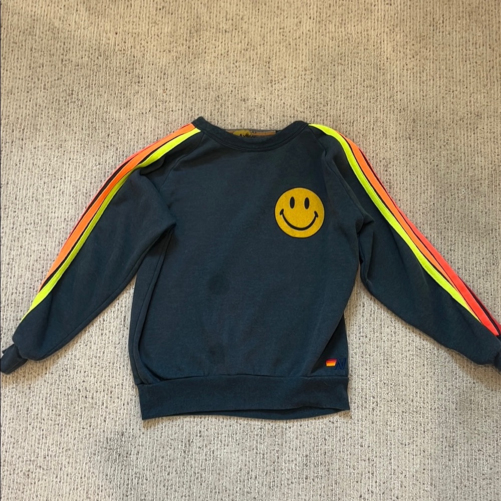 Aviator Nation Charcoal Grey Smiley Face Sweatshirt with Rainbow Stripes